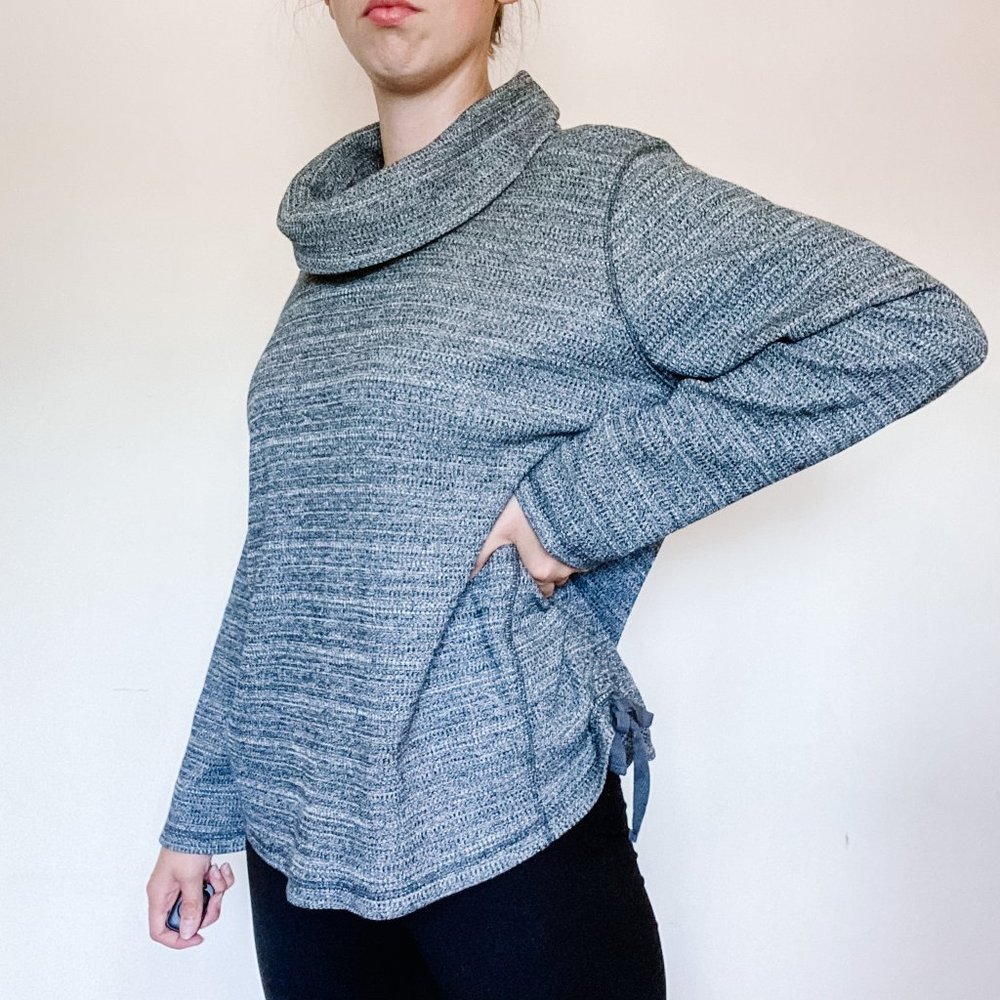 J Jill Grey Cowl Neck Sweater with Ruching detail and functional ties on sides
